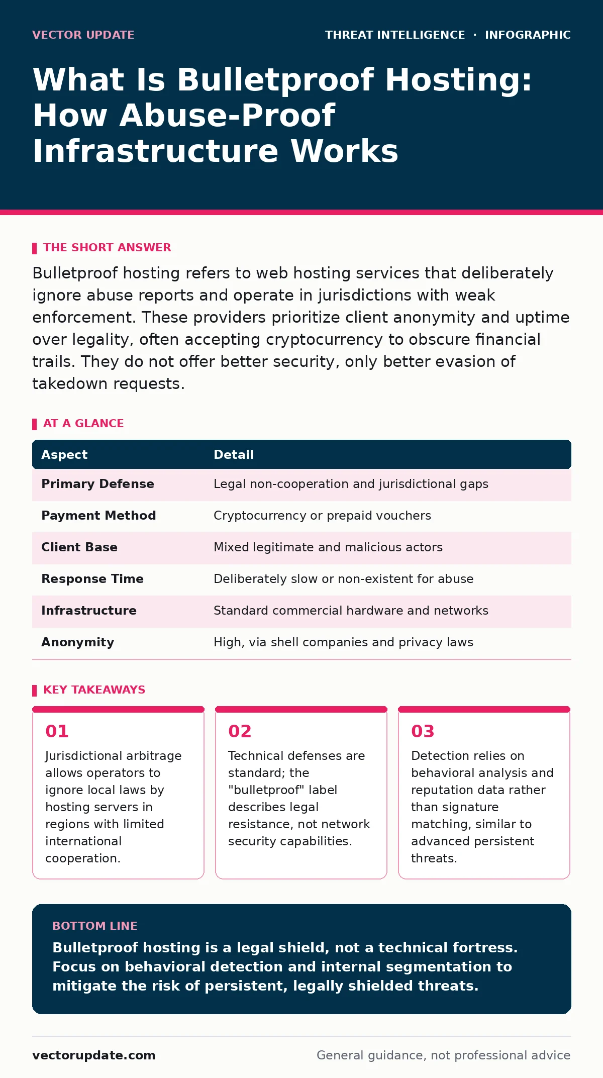 Infographic: What Is Bulletproof Hosting: How Abuse-Proof Infrastructure Works. Jurisdictional arbitrage allows operators to ignore local laws by hosting servers in regions with limited international cooperation. Technical defenses are standard; the "bulletproof" label describes legal resistance, no