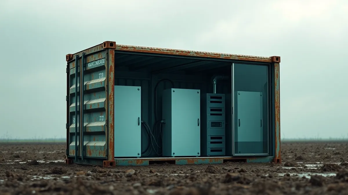 Illustration: A rusted shipping container sits isolated in a muddy field, its metal doors sealed tight against the gray sky.