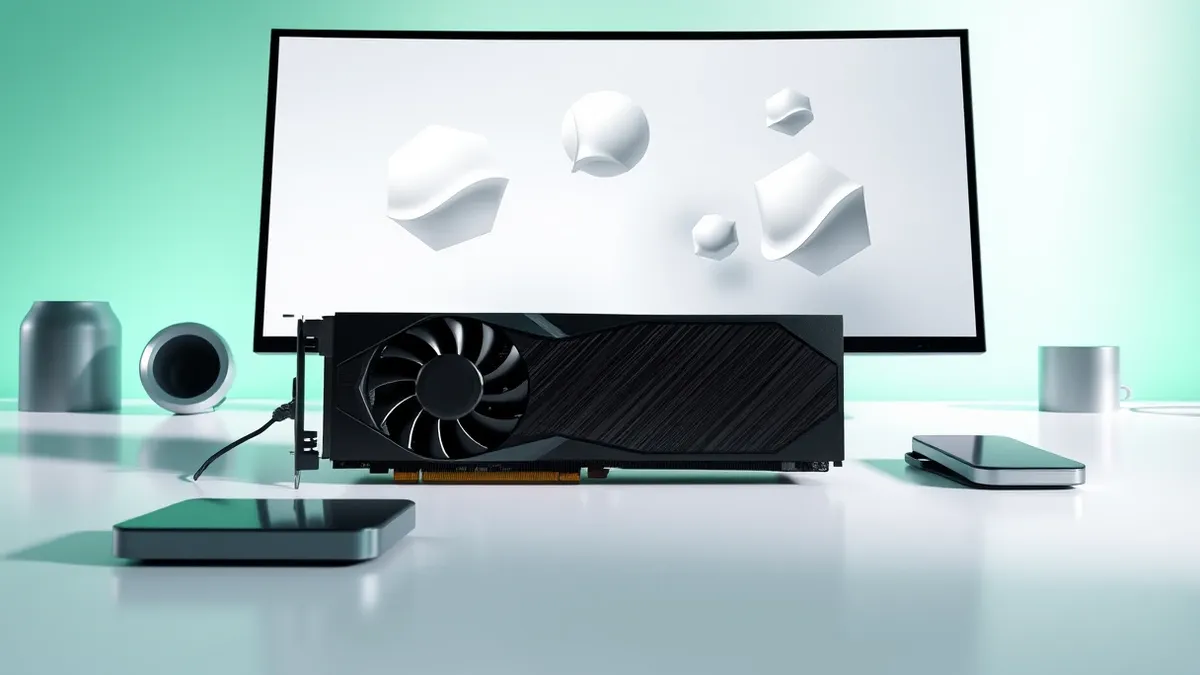 Illustration: A sleek black graphics processing unit sits on a clean white desk, connected to a blank monitor displaying abstract geometric shapes.