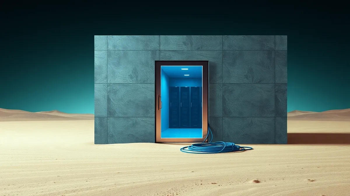 Illustration: A sleek, windowless concrete building sits isolated in a stark desert landscape.