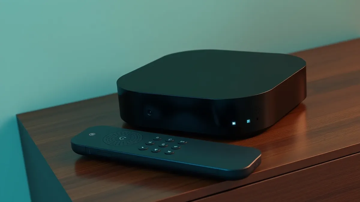 Illustration: A sleek black streaming box sits on a wooden media console next to a minimalist remote control.