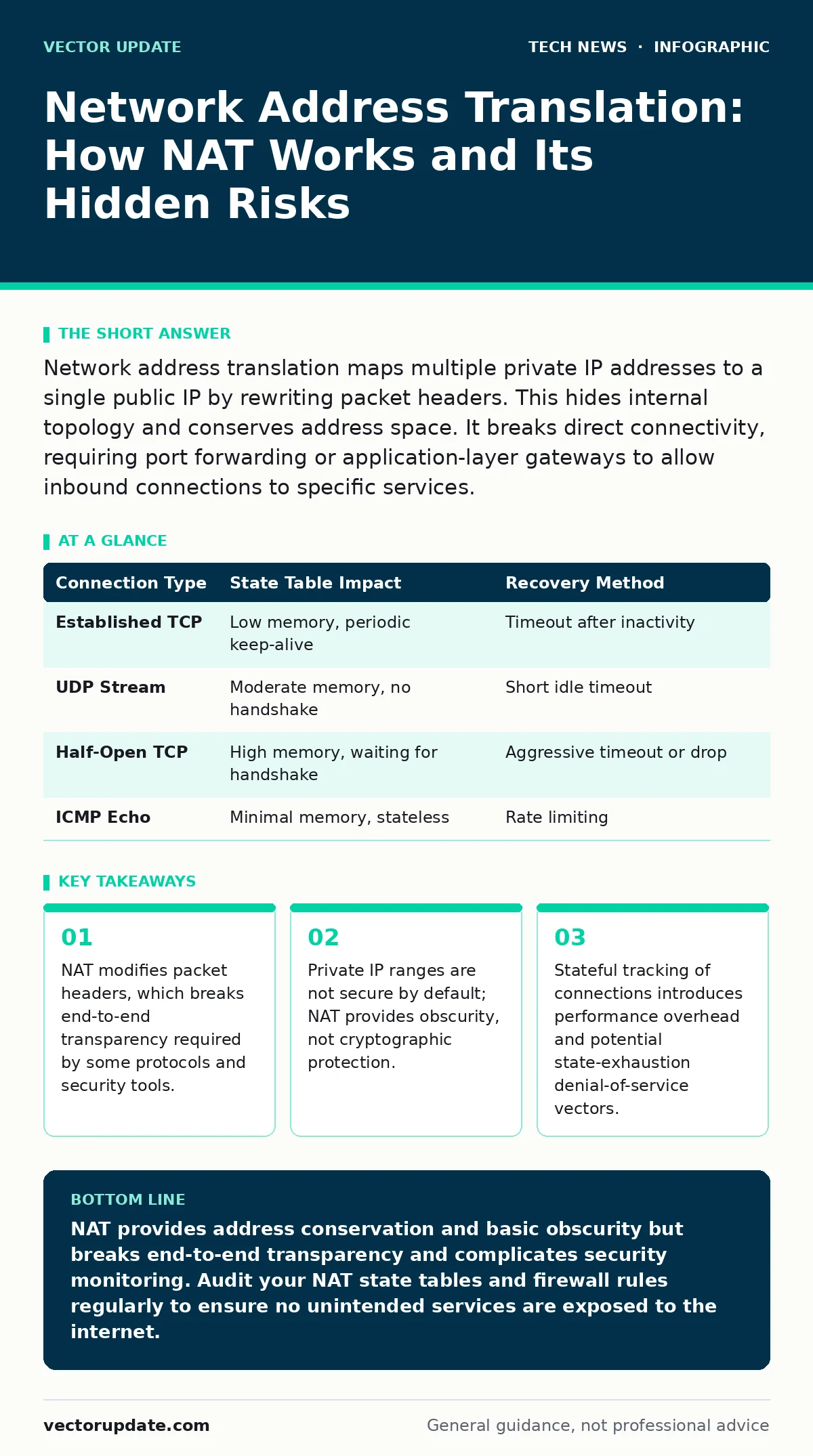 Infographic: Network Address Translation: How NAT Works and Its Hidden Risks. NAT modifies packet headers, which breaks end-to-end transparency required by some protocols and security tools. Private IP ranges are not secure by default; NAT provides obscurity, not cryptographic protection. Stateful t