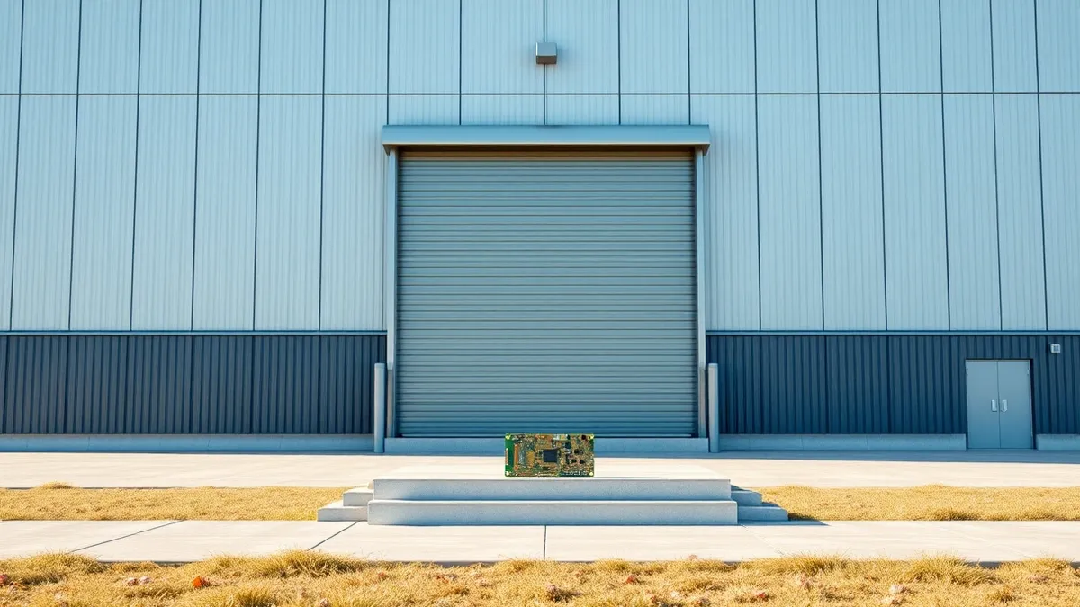 Illustration: A large, clean industrial building with a single entrance door stands in an open field.