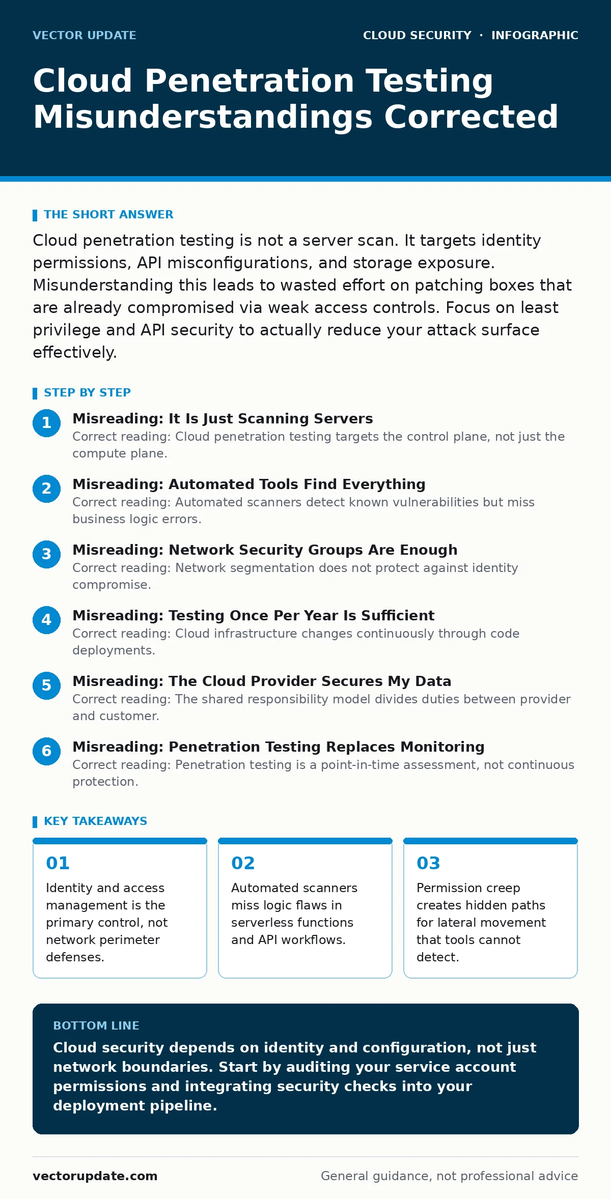 Infographic: Cloud Penetration Testing Misunderstandings Corrected. Identity and access management is the primary control, not network perimeter defenses. Automated scanners miss logic flaws in serverless functions and API workflows. Permission creep creates hidden paths for lateral movement that to