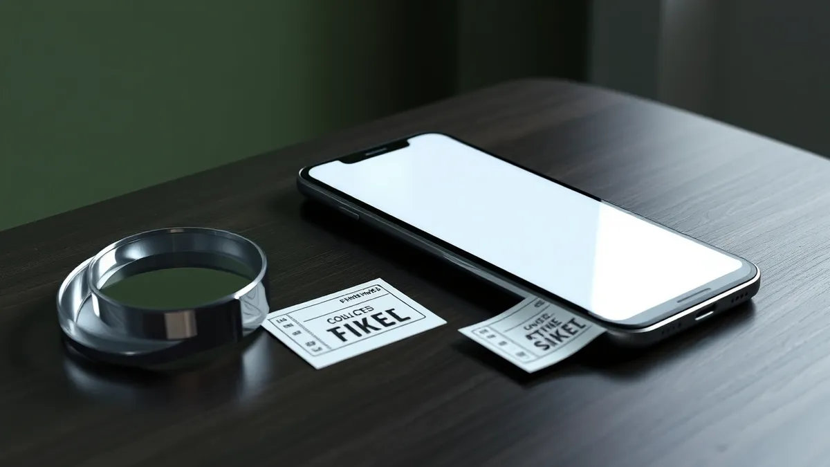 Illustration: A sleek smartphone rests on a dark wooden table, its blank screen reflecting the dim room light.