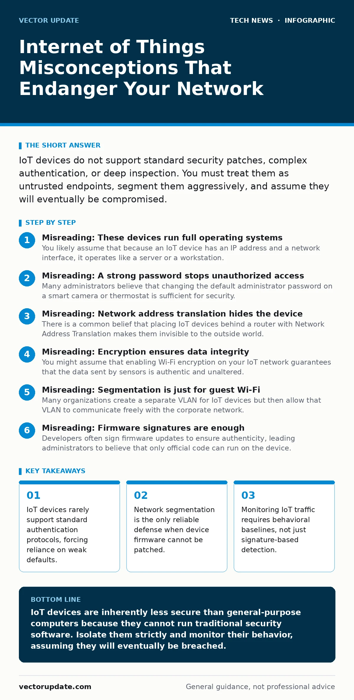 Infographic: Internet of Things Misconceptions That Endanger Your Network. IoT devices rarely support standard authentication protocols, forcing reliance on weak defaults. Network segmentation is the only reliable defense when device firmware cannot be patched. Monitoring IoT traffic requires behavi