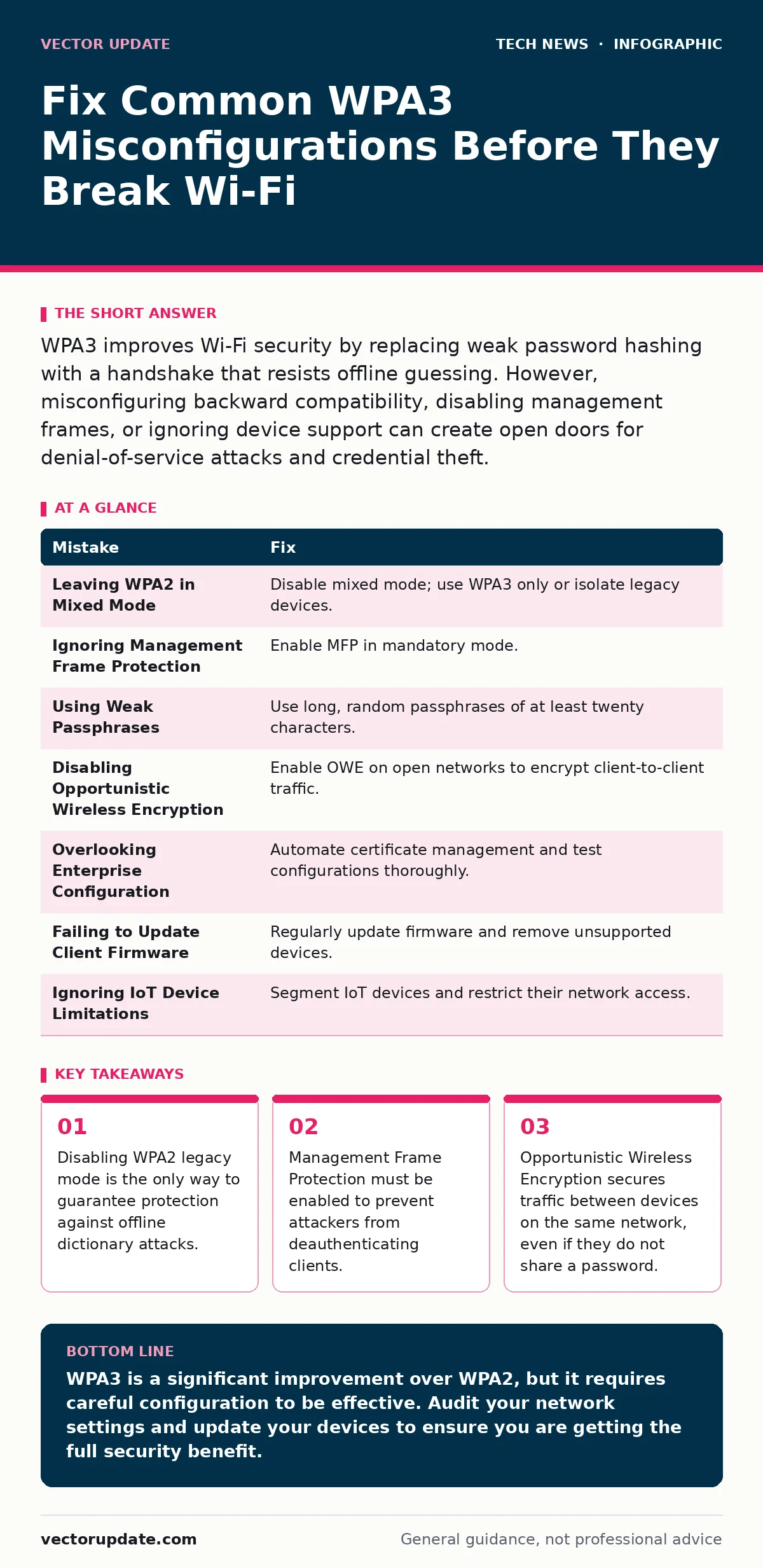 Infographic: Fix Common WPA3 Misconfigurations Before They Break Wi-Fi. Disabling WPA2 legacy mode is the only way to guarantee protection against offline dictionary attacks. Management Frame Protection must be enabled to prevent attackers from deauthenticating clients. Opportunistic Wireless Encryp
