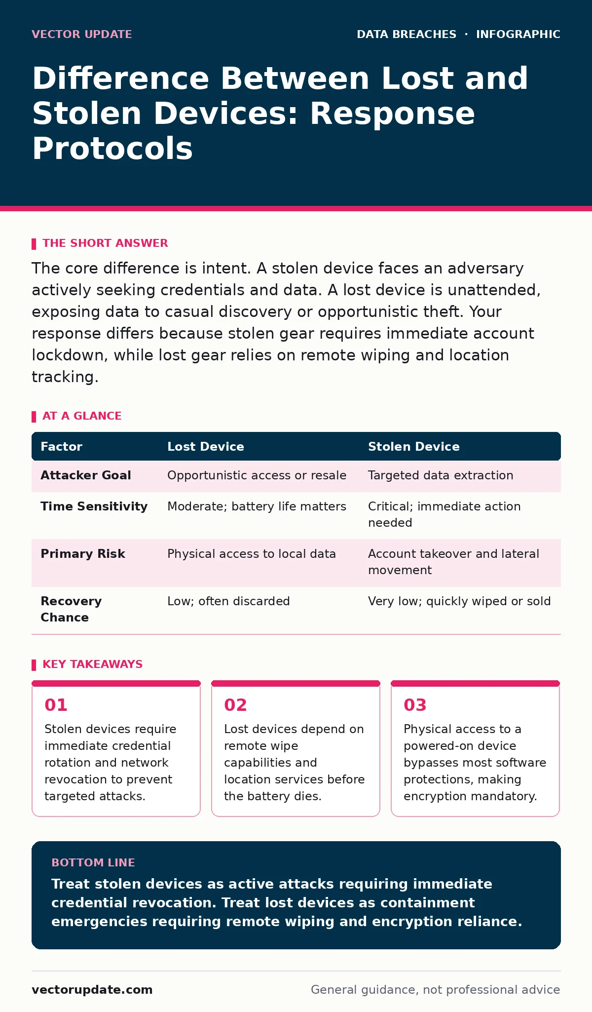 Infographic: Difference Between Lost and Stolen Devices: Response Protocols. Stolen devices require immediate credential rotation and network revocation to prevent targeted attacks. Lost devices depend on remote wipe capabilities and location services before the battery dies. Physical access to a po