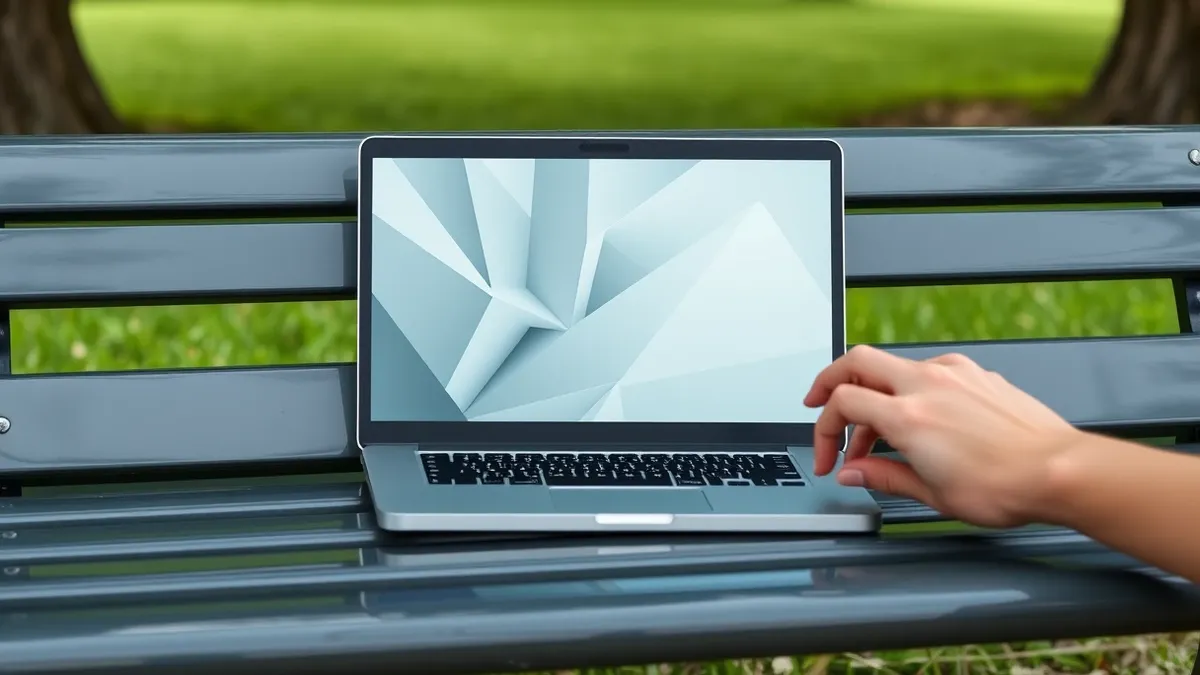Illustration: An open laptop sits abandoned on a park bench with its screen displaying abstract geometric patterns.
