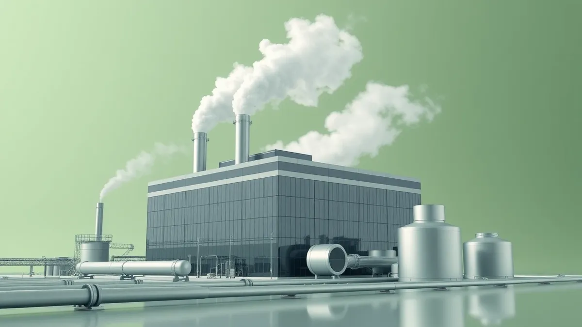 Illustration: A large industrial building vents thick plumes of steam into the air, bypassing nearby pipes intended for local heating.